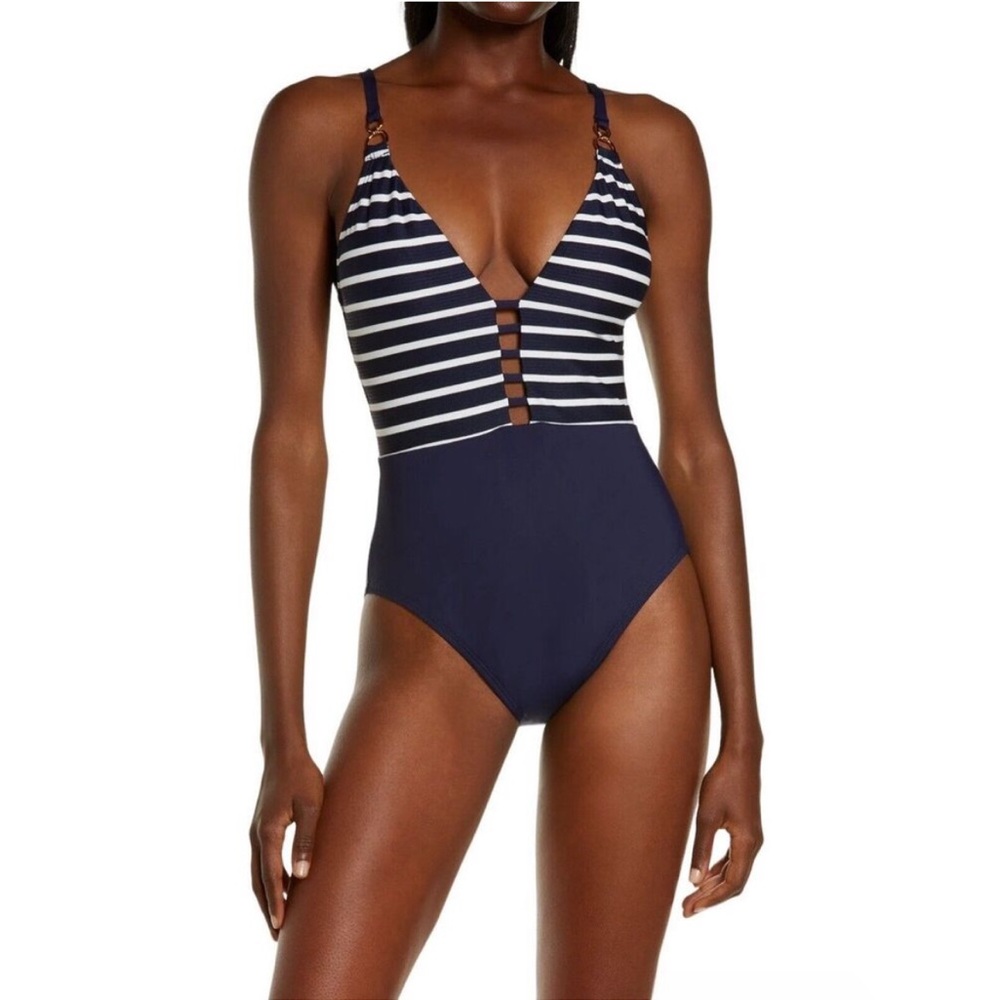 La Blanca | Womens Navy Plunge One Piece Swimsuit with Capri Stripes - Size 12